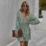 2020 Bohemian Floral Print Dress Women Sexy Deep V Neck Long Sleeve Beach Dress Elegant Party Mini Dresses