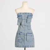 Toloer Summer New Fashion Personality Fashion Wind Multi-Pocket Splicing Design Sense Denim Strapless Dress Women-Outfit