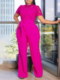Women's Sexy Lace Lace Hollow Short-Sleeved Strap High-Waisted Broad-Legged Jump-Legged