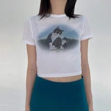 Japanese Fashion Cat Printed T-shirts Women Harajuku White Short Sleeve Crop Tops Korean Style Casual Tee Shirt