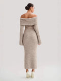 Women's Elegant Style Fashion Collared Shoulder Dress Knitted Long