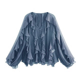 2025 New Women's V-Neck Single Buckle Long-Sleeved Cascade Decorative Shirt 10