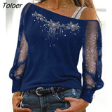 for Women 2023 Casual Daily T-shirts Glitter Sheer Mesh Long Sleeve Top Fashion Ladies Blouses Europe and America