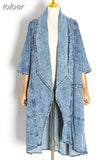 Blue Denim Trench For Women Lapel Batwing Three Quarter Sleeve Loose Big Size Windbreakers Female 2023 Autumn