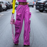 Toloer 2024 New Street Trend Multi-Pocket Pu Design Sense High Waist Slim Straight Pants Women's Loose Cargo Pants-Outfit