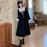 Dress Women Sweet Lace Peter Pan Collar French Elegant Long Sleeve Lace-Up Fairy One Piece Dress Korean 2021 Autumn