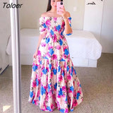 Women's Rainbow Long Dress Fashion Sexy Off Shoulder A-line Printed Maxi Dresses Boho Retro Party Evening Vestidos