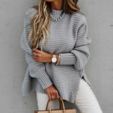 Autumn And Winter Half-High Collar Loose Solid Color Long-Sleeved Thick Needle Side Fork Knitting Sweater