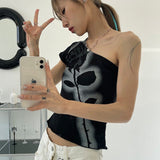 Y2k Aesthetics Crop Tops Fairy Grunge Rose Print T-shirt Irregular Harajuku Gothic Off Shoulder Tops Korean Fashsion
