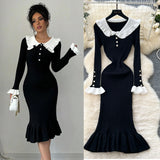 New Retro Bumpy Dolls To Receive Waist Knitted Dress Female Elastic Temperament Lotus Leafy