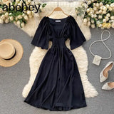 Sweet Solid Women Square Collar Flying Sleeve Ruffle A-line Dresses Summer Boho Chiffon Midi