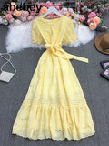 New Summer Women Temperament All-match V-neck puff sleeve Dress waist slim hollow out solid