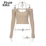 Halter Off The Shoulder Crop Top Y2k Fairy Grunge Shirts 2023 Fashion Sexy 2 Piece Set Long Sleeve Tees