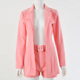 Long-Sleeved Jacket And Belt Shorts Solid Color Suit Jacket Single Button Casual Loose High Waist Hip Two-Piece