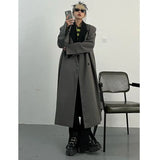 Women Gray Brief Big Size Long Trench New Lapel Long Sleeve Loose Fit Windbreaker Fashion Tide Spring Autumn 2023
