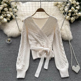 Autumn Bow Tie Retro Sweater Gentle V Neck Cross Elastic Slim Long Sleeve Female Streetwear Solid Knitted
