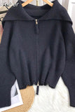 Solid Sweater Cardigan Women Sailor Collar Knitted Sweater Coats Casual Loose Zip Up Korean Fashion Knitwear Chic