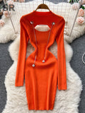 Hollow Out Sexy Sweater Dress Temperamant Fashion Chain Long Sleeve Slim Ladies Autumn Korean Elastic Knitted