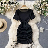 Drawstring Ruched Dress Women O Neck Short Sleeve Slim Dresses Summer Sexy Bodycon Party Short