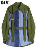 Women Green Striped Buckle Big Size Blouse New Lapel Long Sleeve Loose Fit Shirt Fashion Tide Spring Autumn 2023
