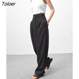 Black Pleated Palazzo Pants Women High Waist Casual Autumn Trousers Work Wear Floor-Length Loose Office Ladies Pants
