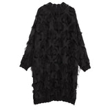 2023 New Spring Autumn Stand Collar Long Sleeve Perspective Black Loose Tassels Big Size Dress Women Fashion Tide