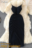 Chain Spaghetti Strap V-neck Sleeveless Summer Dress Women Solid Slim Pleated Split Midi Calf Party Dress Casual