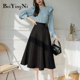 A-line Skirts Woman High Waist Casual Streetwear Work Wear Office Ladies Skirt Midi Retro Korean Style Faldas Femme