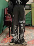 Gothic Baggy Jeans Women Punk Hippie Streetwear Print Y2K Wide Leg Trousers Harajuku Grunge Denim Pants Vintage
