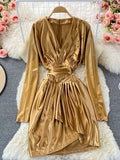 Autumn Vintage Gold/Black Satin Draped Dress Women Elegant V-Neck Long Sleeve High Waist Irregular Robe Female Vestidos 2021
