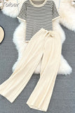 Women Tracksuit Summer Striped Knit Ppullover And Long Pants 2 Piece Sets Korean Casual Loose Outfits Knitted 2023 New