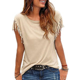 Short Sleeve Tassel Fashion T-shirt Woman Simple Crew Neck Basic Tops 2021 New Leisure Ladies Streetwear Solid