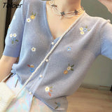 Embroidery Thin Knitted Cardigans Sweaters Summer Women Korean Fashion V-neck Short Sleeve Single-breasted Ice Silk