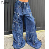 Streetwear Blue Cargo Wide Leg Jeans Women Low Waist Hip Hop Korean Fashion Denim Trousers Vintage Bondage Baggy