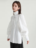 Women White Elegant Blouse New Stand Collar Long Lantern Sleeve Loose Fit Shirt Fashion Tide Spring Autumn 2023
