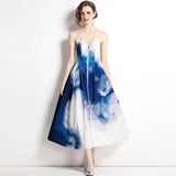 Zipper Patchwork Casual Dress 2022 Women Sexy V-Neck Spaghetti Strap Print High Waist Big Swing Midi Dresses