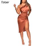 Party Dresses Slim Split Shine Short Sleeve One Shoulder Girls Backless Sexy Elegant Summer Midi Dress For Women