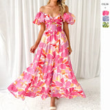 Summer New Holiday Leisure Printing Waist Bubble Sleeve Dress Dress
