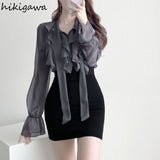 Temperament Skirt Suit Fashion 2 Piece Set for Women Thin Bandage Bow Shirt Bodycon Mini Skirts Outfits Fashion Korean