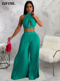 Spring Summer Two Piece Pant Suits Sexy Off The Shoulder Backless Crop Top and High Waist Pleated Wide Leg Long Trouser