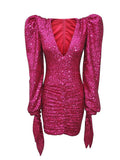 Fashion Women's Dress Deep V-neck Slim Sexy Spliced Lace Up Cuffs Pink Sequins Pleated Hip Dresses Autumn 2023 New
