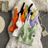 Pit Knitted Vest V-Neck With Solid Color High-Rise Bare Back Street Short Sling