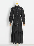 Spring Dress For Women Stand Collar Long Sleeve High Waist Cut Out Solid Midi Dresses Female Fashion Clothing