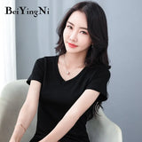 Cotton V-neck Tshirt Female Korean Hipster Basic Short Sleeve T-shirt Women Harajuku Casual Vintage Tee Shirts