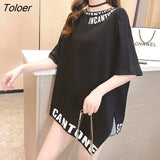 T Shirt Women Summer Irregular Short-sleeved T-shirt Korean Style Casual Crewneck Loose Tops Letter Print Fashion