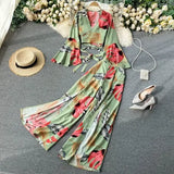 Vacation Beach Two Piece Set Women Sexy V-Neck Bandage Short Tops + High Waist Split Wide Leg Pant Suit Spring
