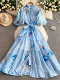 Retro-Print Collar Bubble-Sleeved Dress Women's Summer Straps To The Waists To Show A Thin Swollen