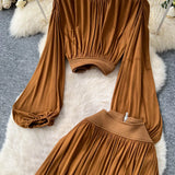 Wear With A Female Autumn Temperament Short Lantern Sleeve Shirt High Waist Hanging Feeling Open Skirt Two