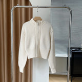 Women's Zipper Up Mock Neck Crop Knit Cardigan Autumn Winter 2022 Loose Casual Thick Sweater