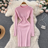 Women Striped Midi Sweater Dress Long Sleeve Elastic Waist Slim Warm Dress Fashion 2022 Ladies Thick Knitted